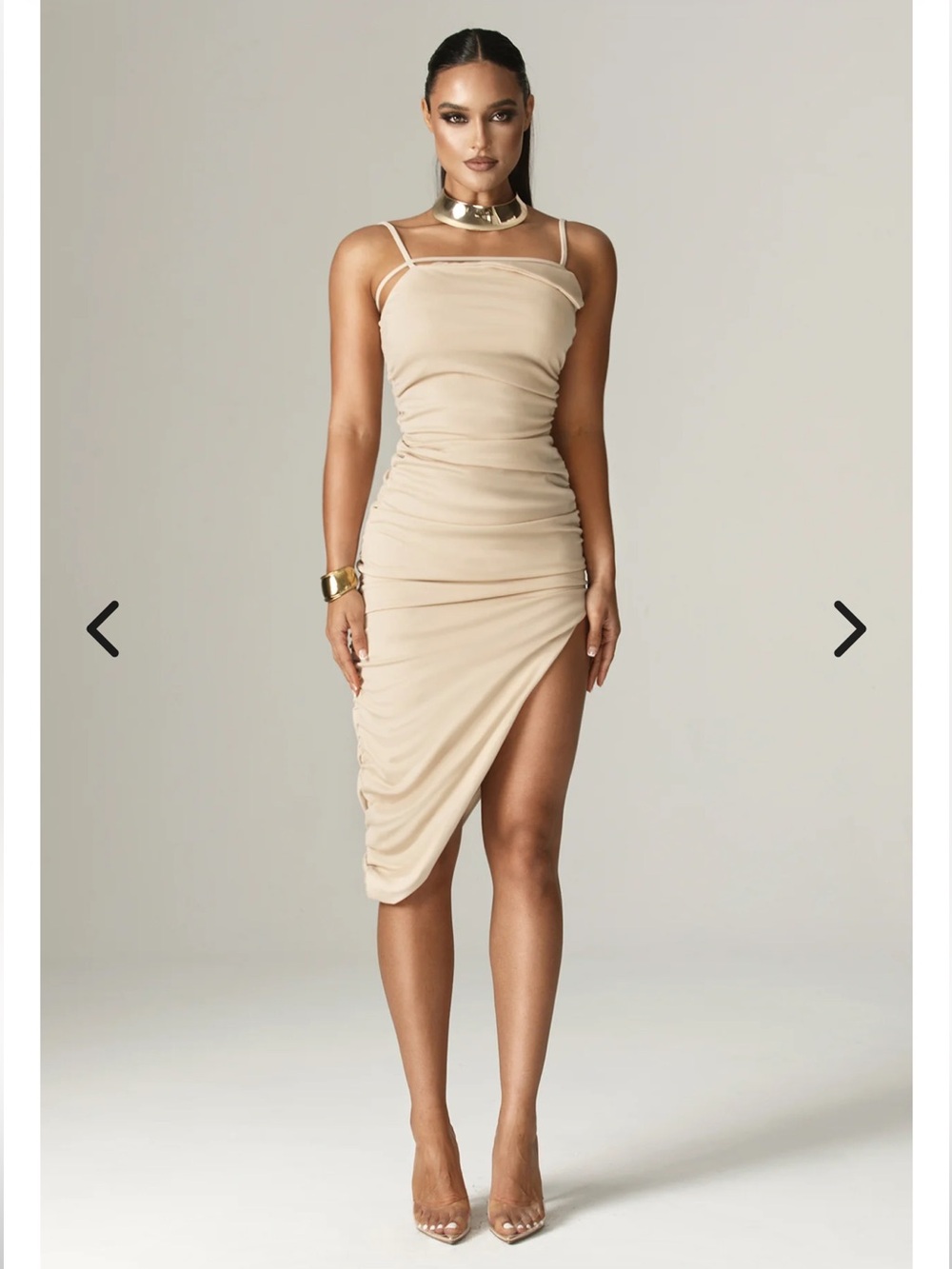 Aliava Beige Asymmetric Ruched Midi Dress with Spaghetti Straps xs